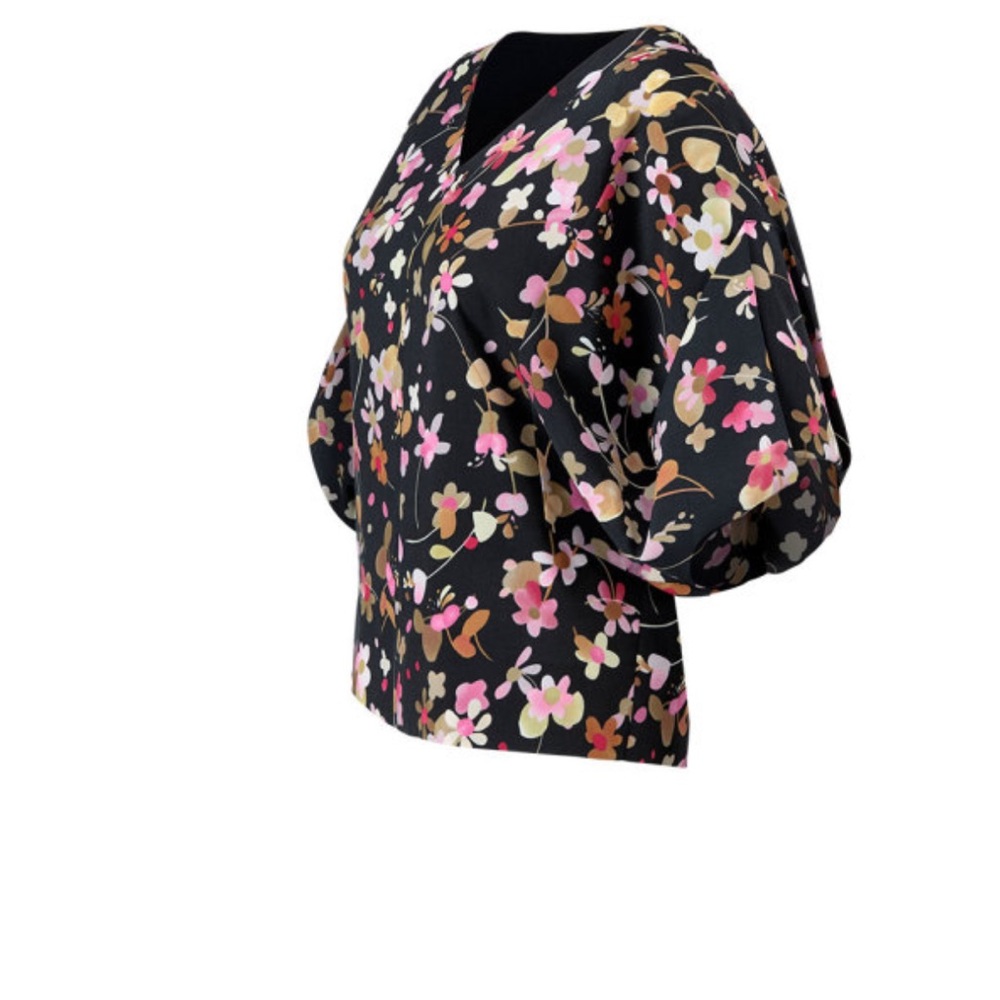 CAbi Blue Floral Blouse with Pink and Yellow Accents